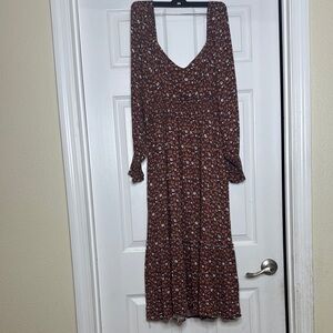 Bohme Long Sleeve Smocked Waist Floral V Neck Off Shoulder Midi Dress Sz Xl